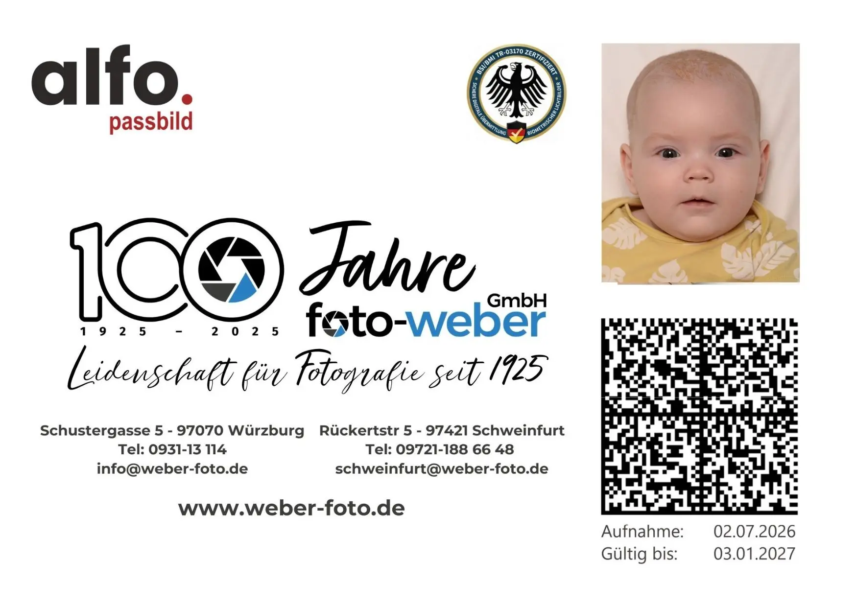 Foto-Weber E-Passbild Karte mit QR-Code für Babys